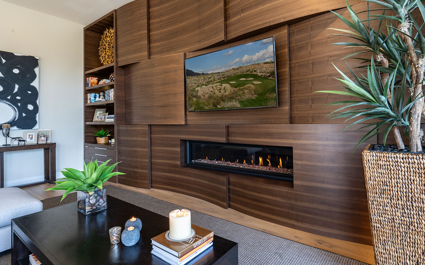The side view of the family room feature wall at the Ancala Residence in Scottsdale Arizona.