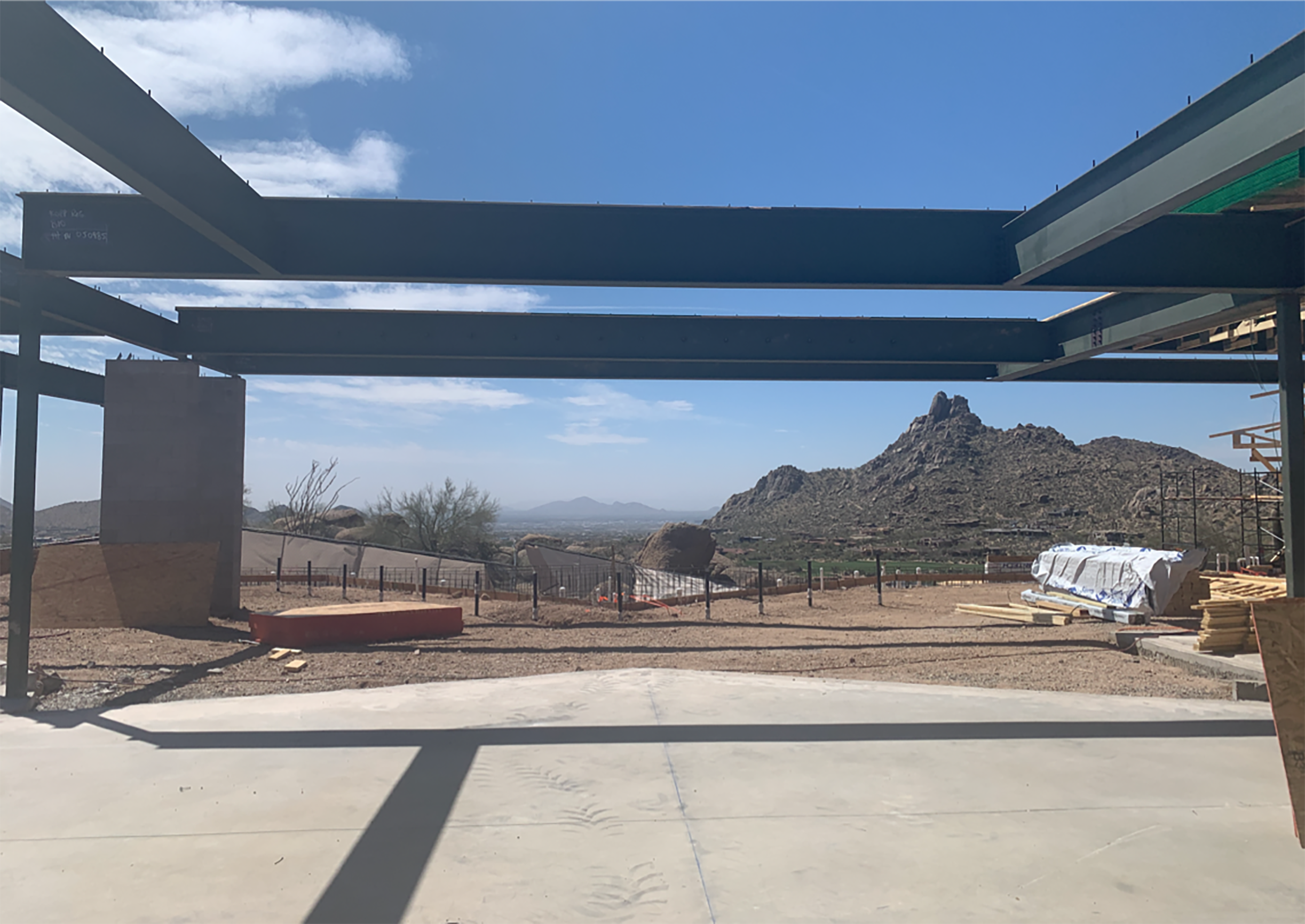 Mid construction view of the patio at the Pinnacle Canyon Residence in Scottsdale Arizona.
